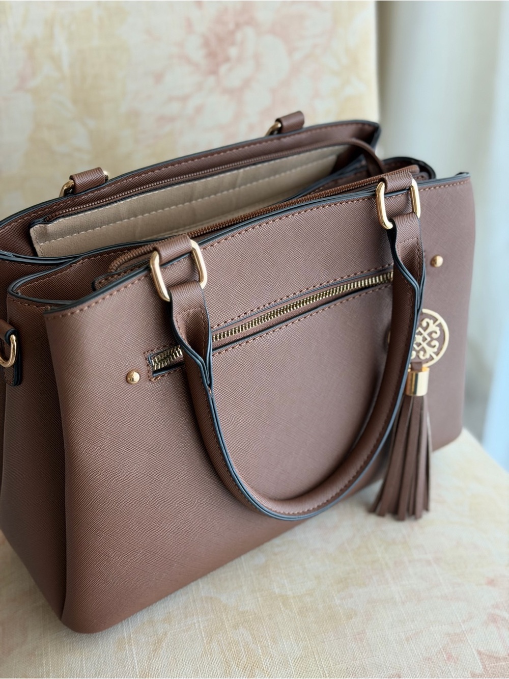 Women’s Brown Structured Satchel Handbag with Tassel
